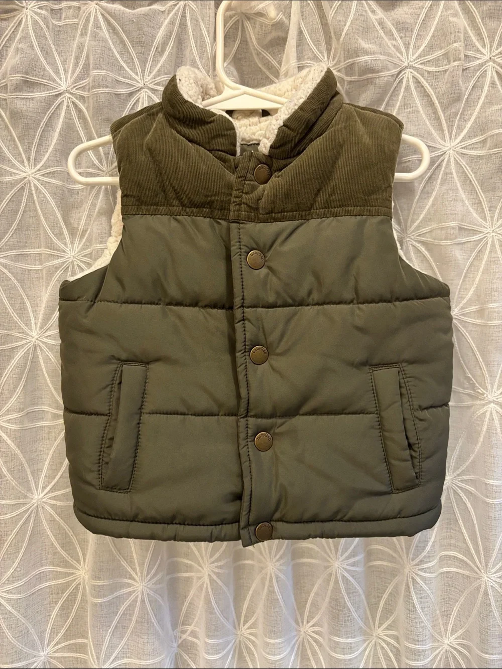 GAP Kids Olive Green Quilted Vest with Sherpa Collar